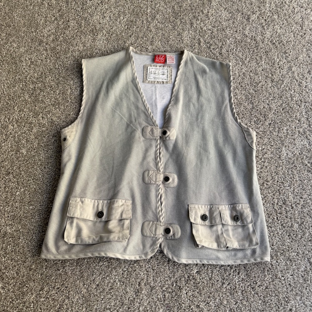 Liz & Co Vest Womens M Beige Cotton Twill Button Front Pockets Casual Utility